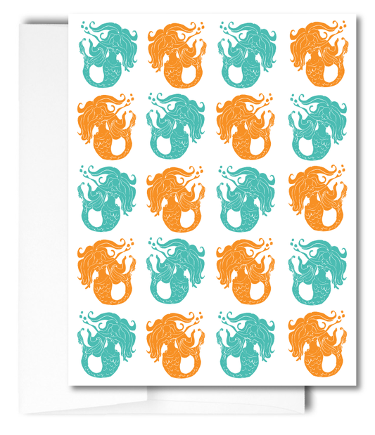 Mermaids, teal and orange: Pack of 10 Folded Cards (standard envelopes) (US & CA)