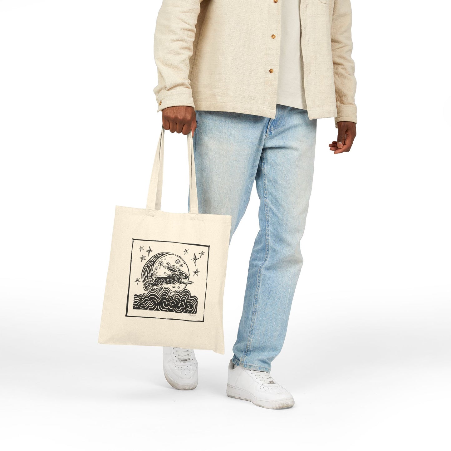 Canvas Tote Bag — Bunny Moon Illustration Tote (Celestial Bunny Graphic)