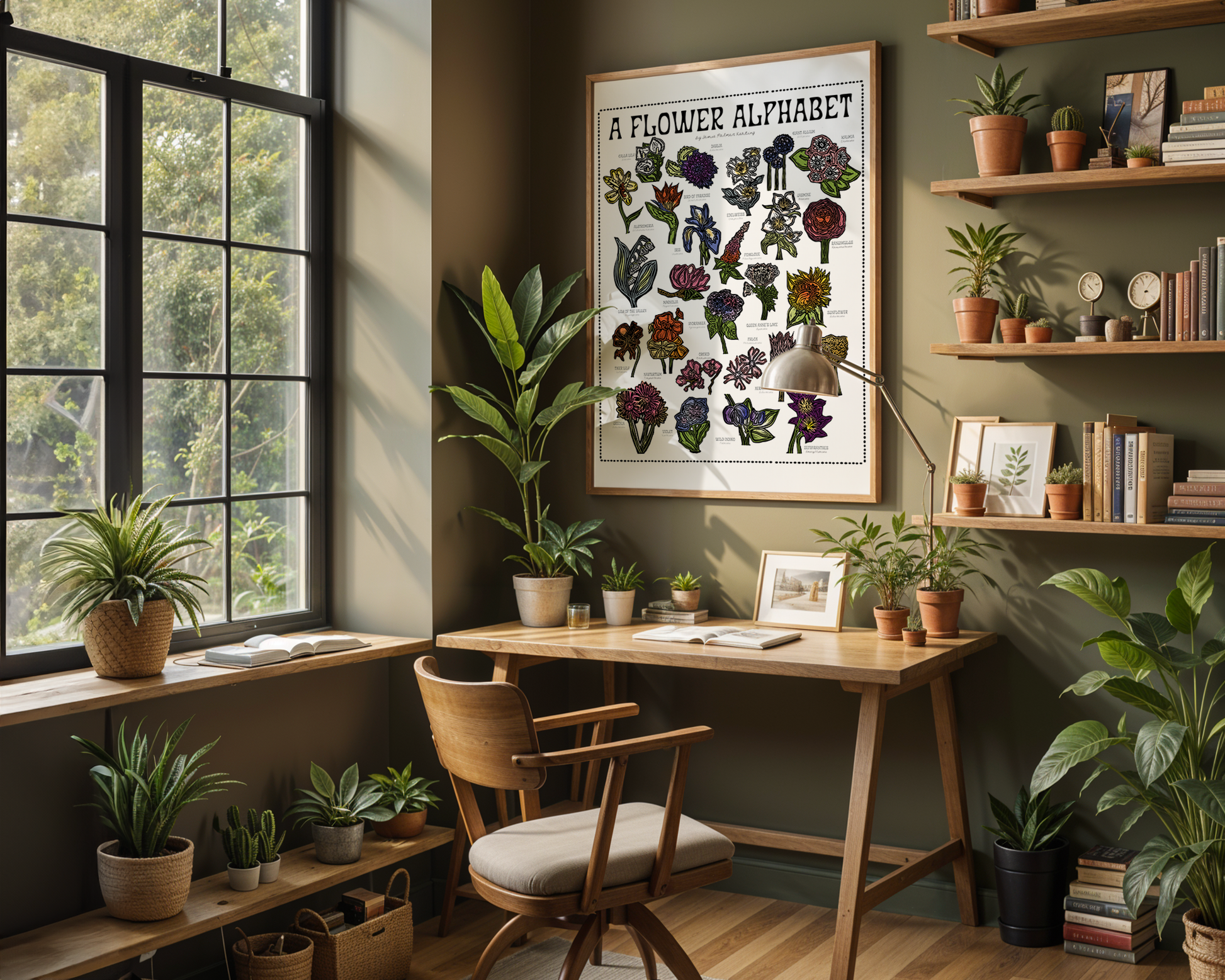 Home office with plants, a desk, and a framed poster on a wall.