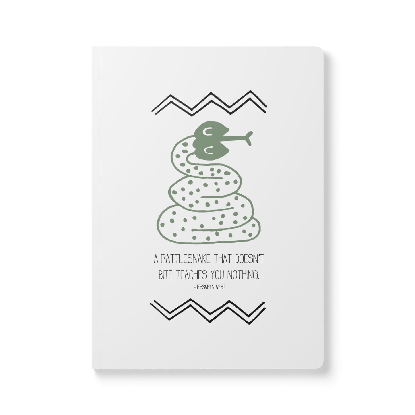 Green snake llustration between two black zig zag patterns with the quote “A rattlesnake that doesn’t bite teaches you nothing.” - Jessamyn West

