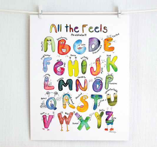 Colorful alphabet poster with cartoon characters representing different emotions on a white background.