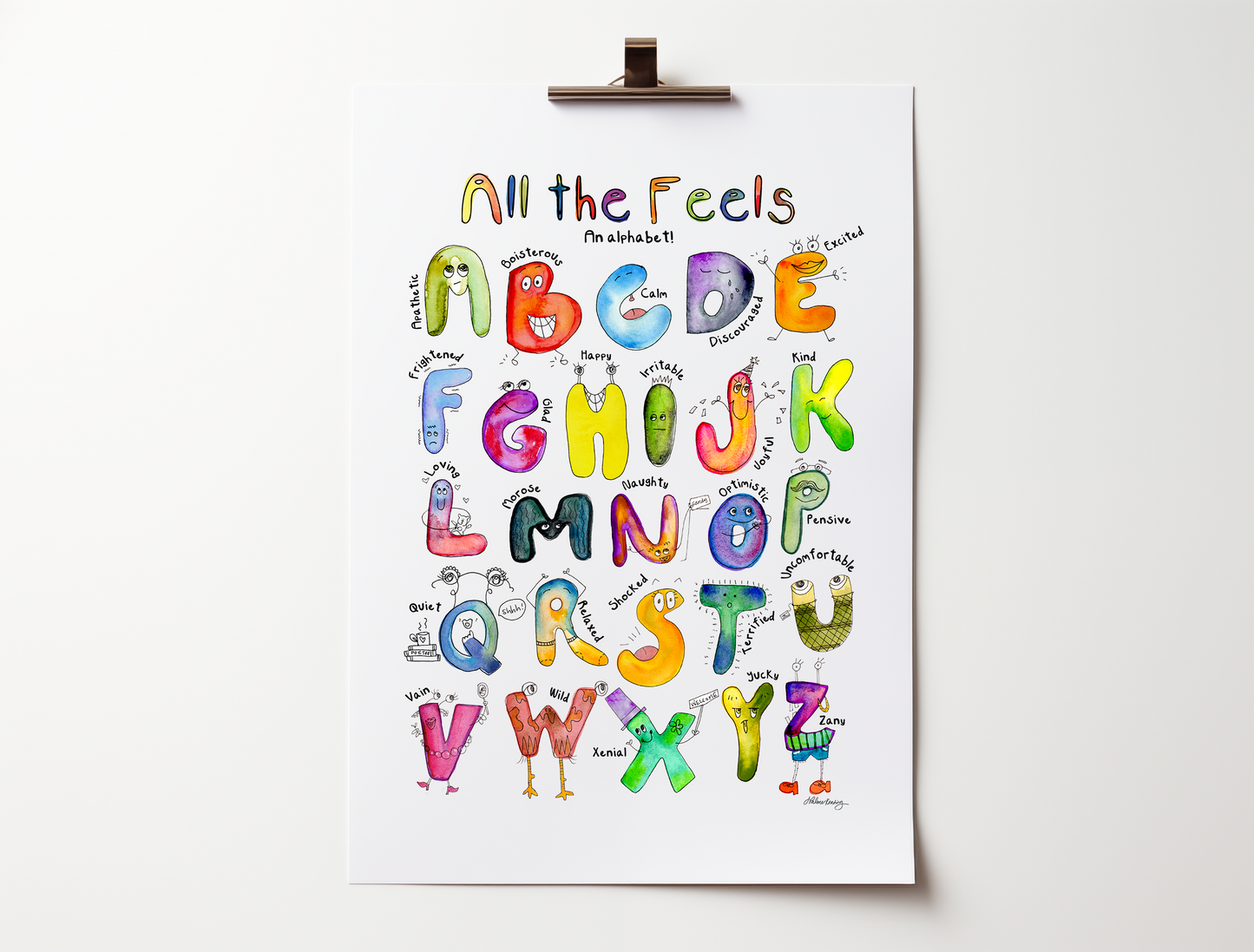 Colorful alphabet poster with cartoon characters on a white background