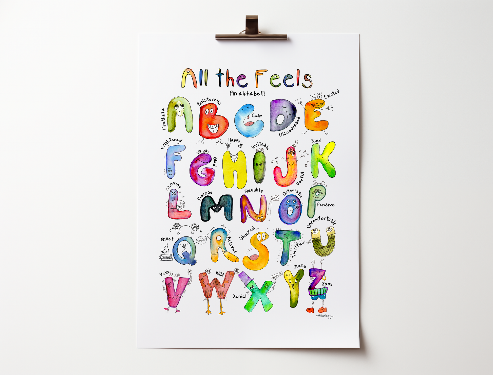 Colorful alphabet poster with cartoon characters on a white background