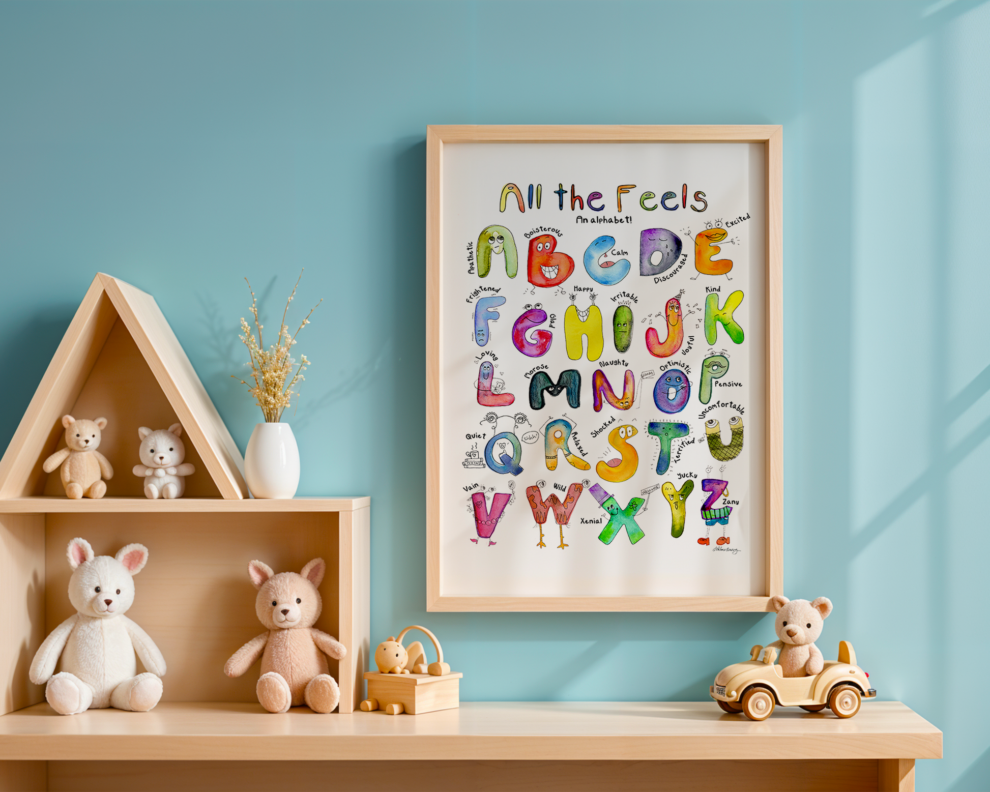 Children's room with a colorful alphabet poster, wooden toys, and stuffed animals on a shelf.