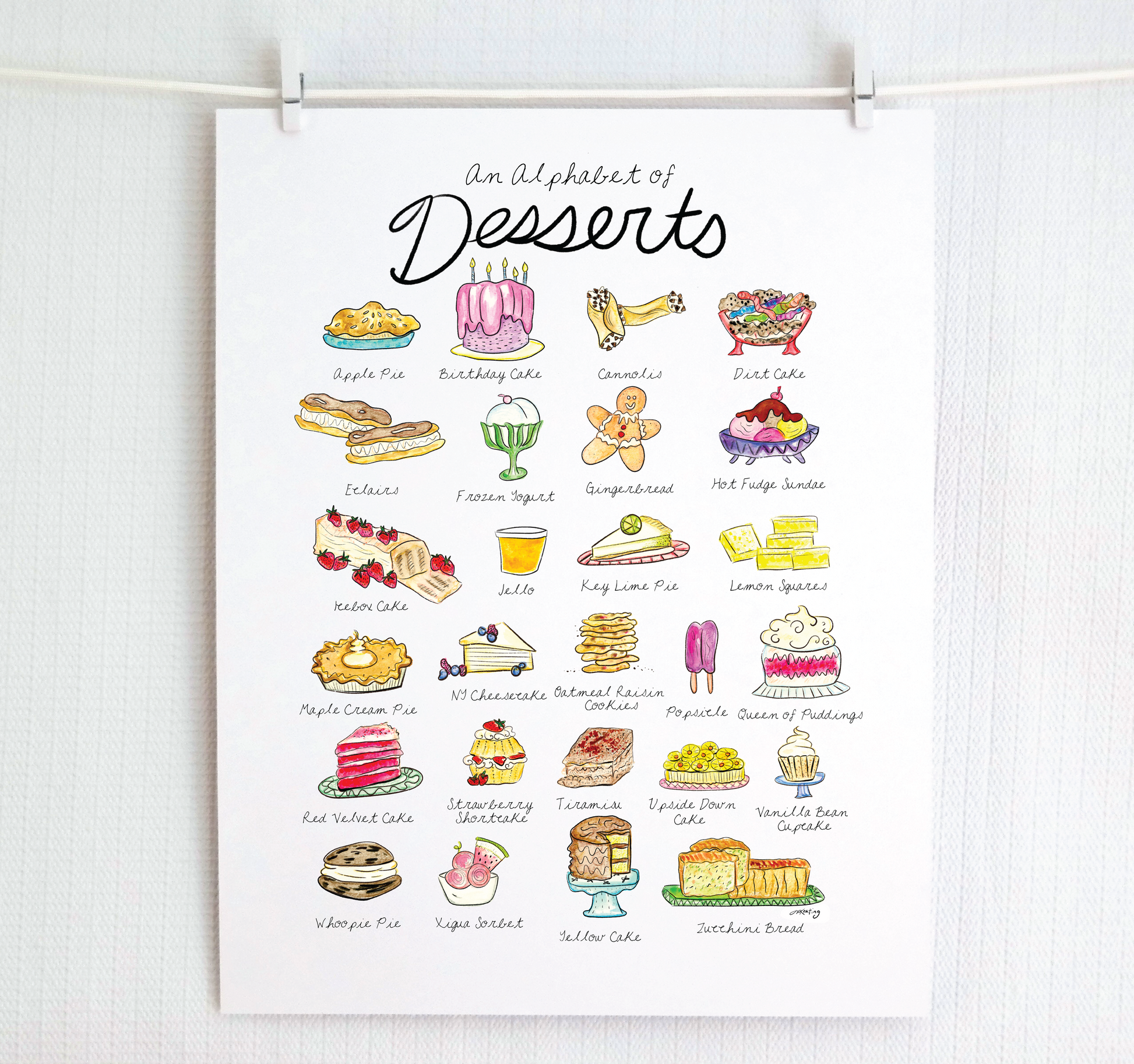 Watercolor illustrations of 26 desserts for every letter of the alphabet on a white background. Decorative handwritten font describes each delicacy. Pastel colors.
