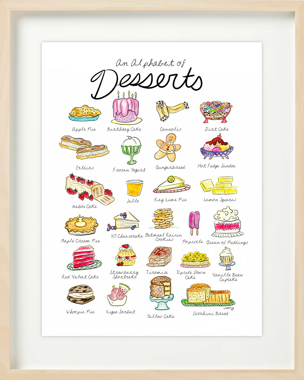 Watercolor illustrations of 26 desserts for every letter of the alphabet on a white background. Decorative handwritten font describes each delicacy. Pastel colors.
