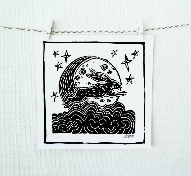 Black and white illustration of a rabbit on the moon with stars and waves, hanging on a string.