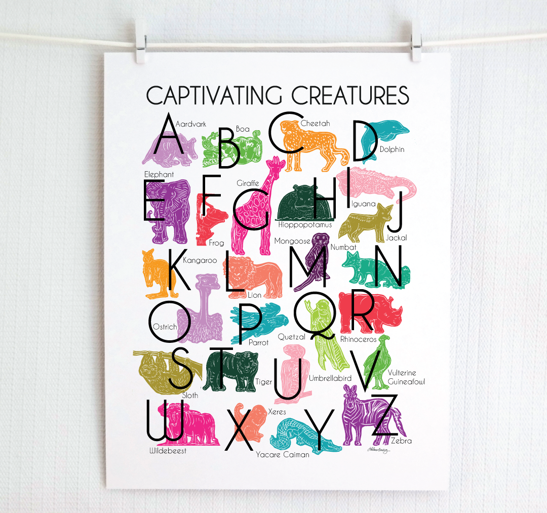 Jewel-tones illustrated creatures for every letter of the alphabet printed on white background. Modern, slim text in black. Unusual creatures from aardvark to zebra.
