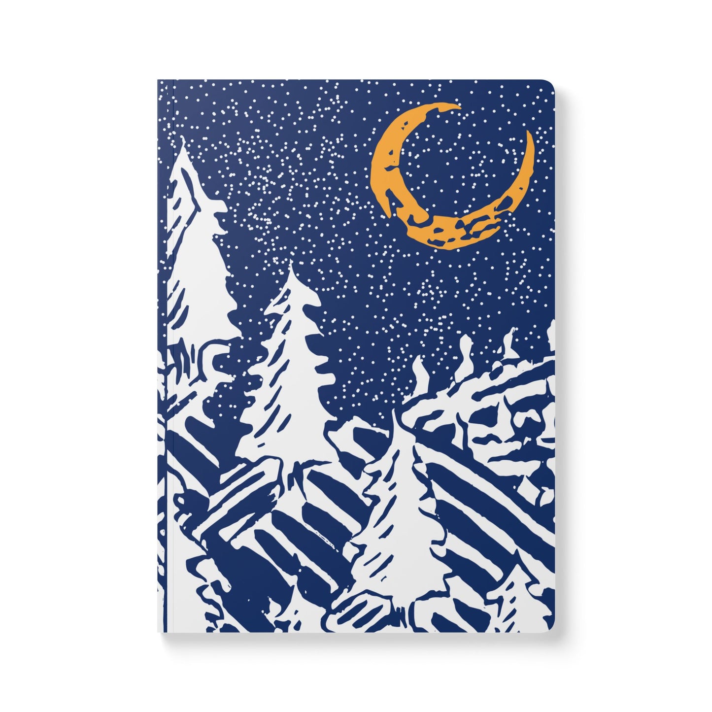 A yellow crescent moon hands in a sky of stars over a frosty hill with snow covered pines. Navy blue background.
