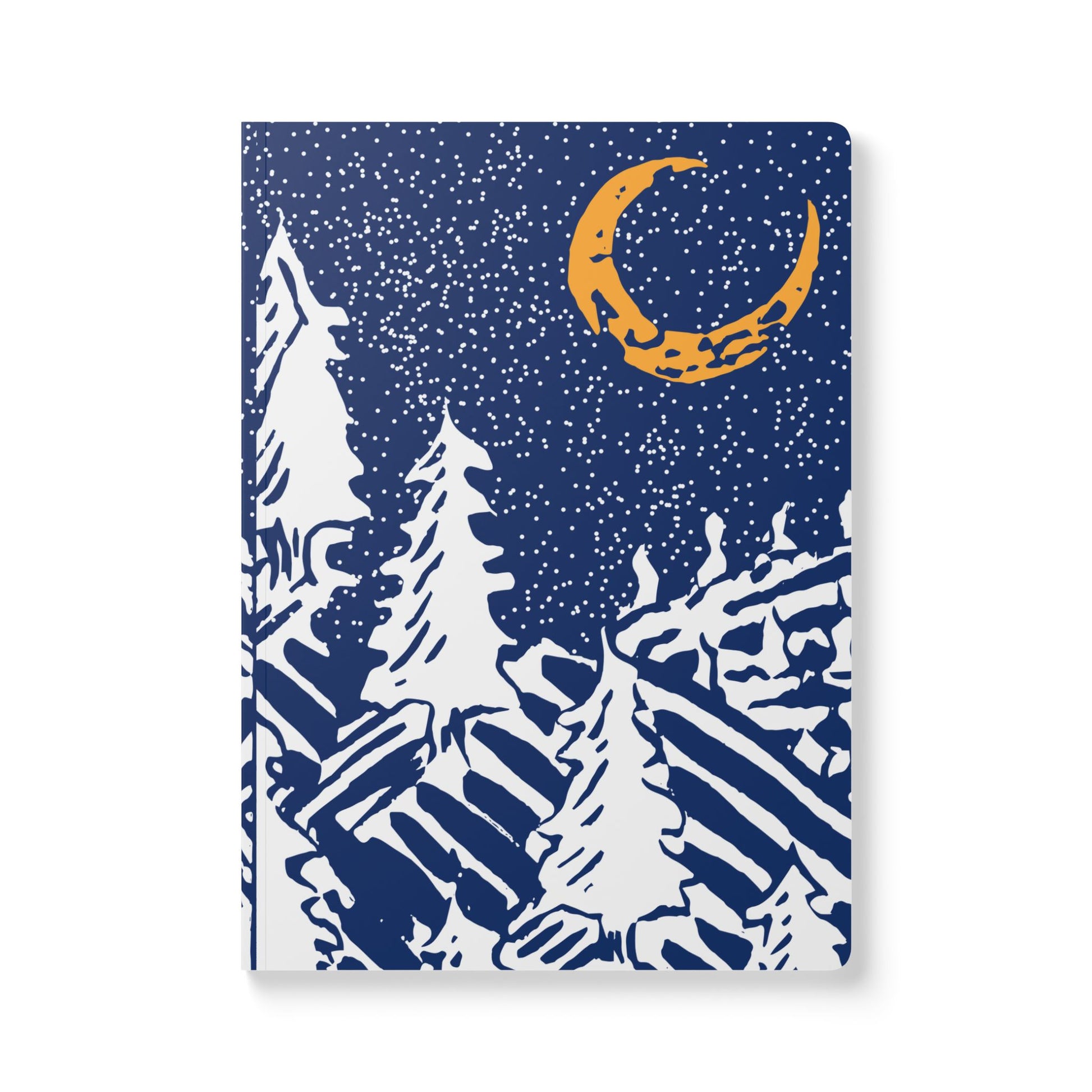 A yellow crescent moon hands in a sky of stars over a frosty hill with snow covered pines. Navy blue background.
