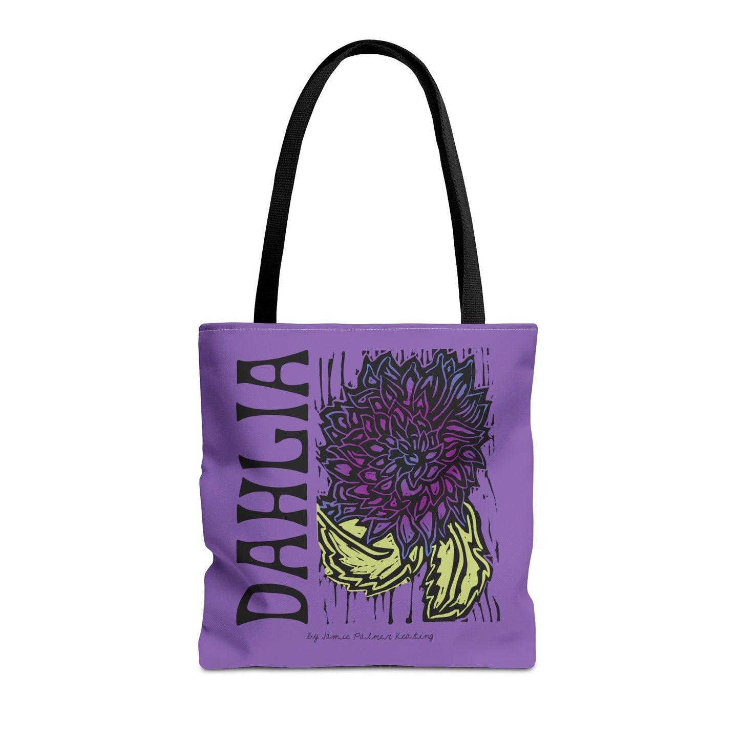 Purple tote bag with floral design and 'Dahlia' text 