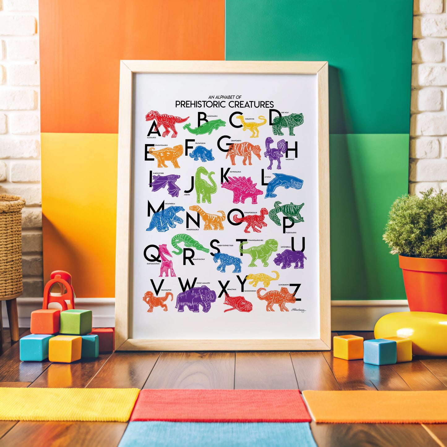 Colorful illustrated prehistoric creatures for every letter of the alphabet printed on a white background. Modern, slim text in black. Color palette is red, lime green, dark green, light blue, red, orange, pink and purple.
