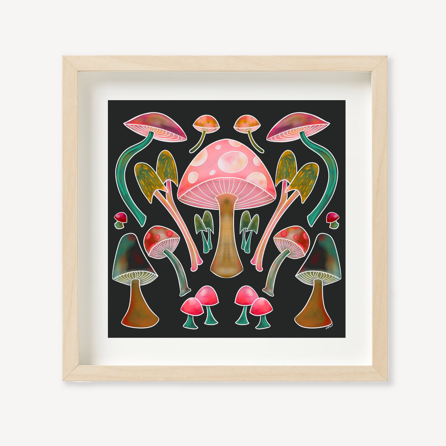 These Happy Mushrooms are illustrated with vibrant colors to create peachy keen nature imagery to soothe the soul.

