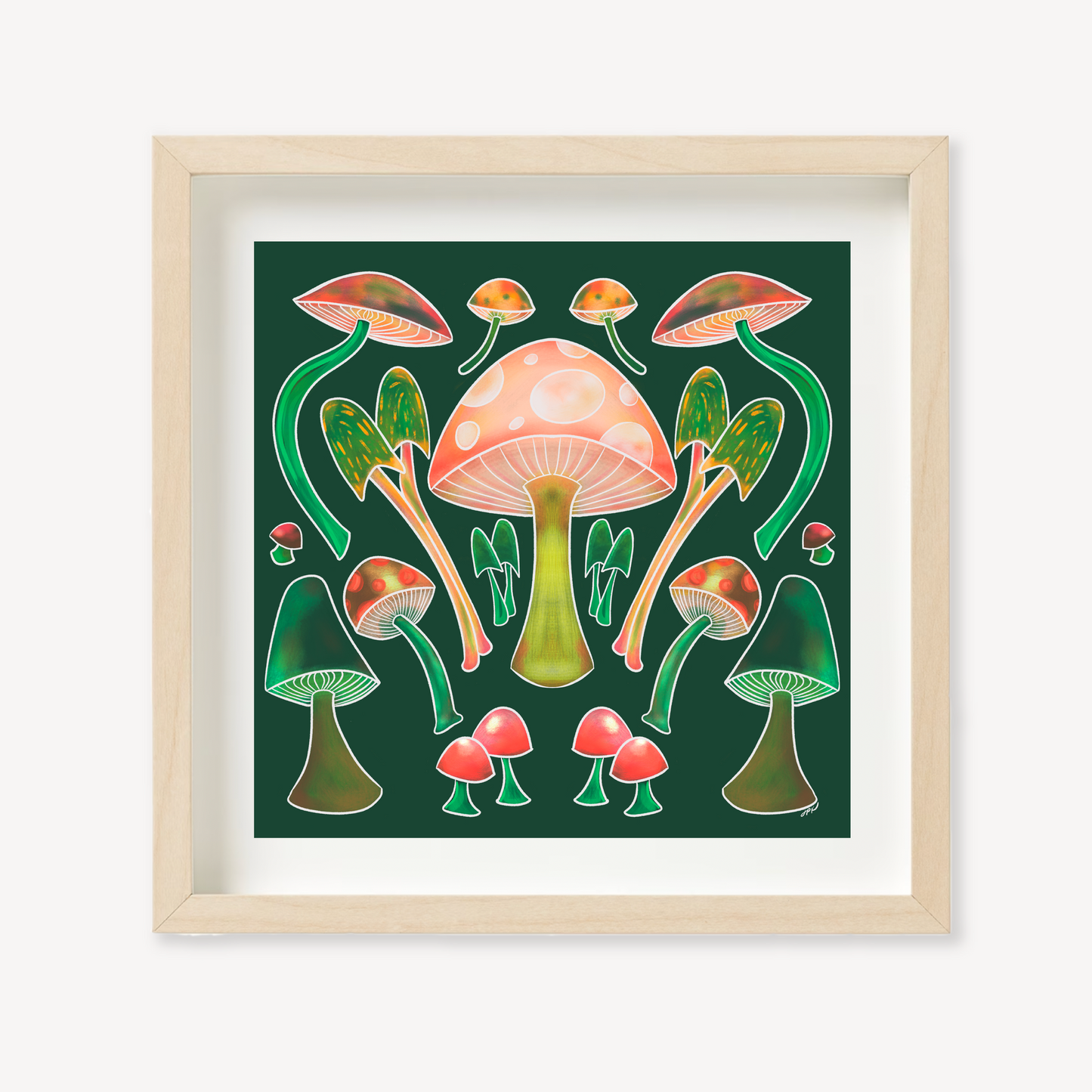 These Happy Mushrooms are illustrated with vibrant colors to create peachy keen nature imagery to soothe the soul.

