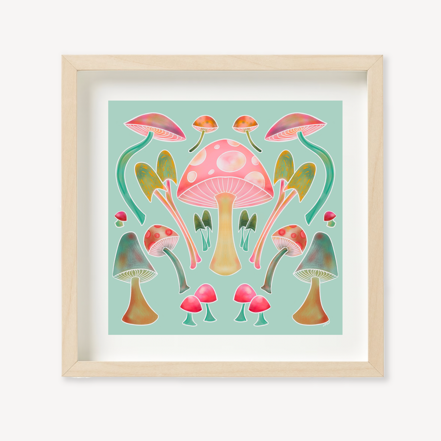 These Happy Mushrooms are illustrated with vibrant colors to create peachy keen nature imagery to soothe the soul.

