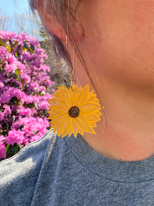 Yellow sunflower earring worn by a person with a blurred background of pink flowers
