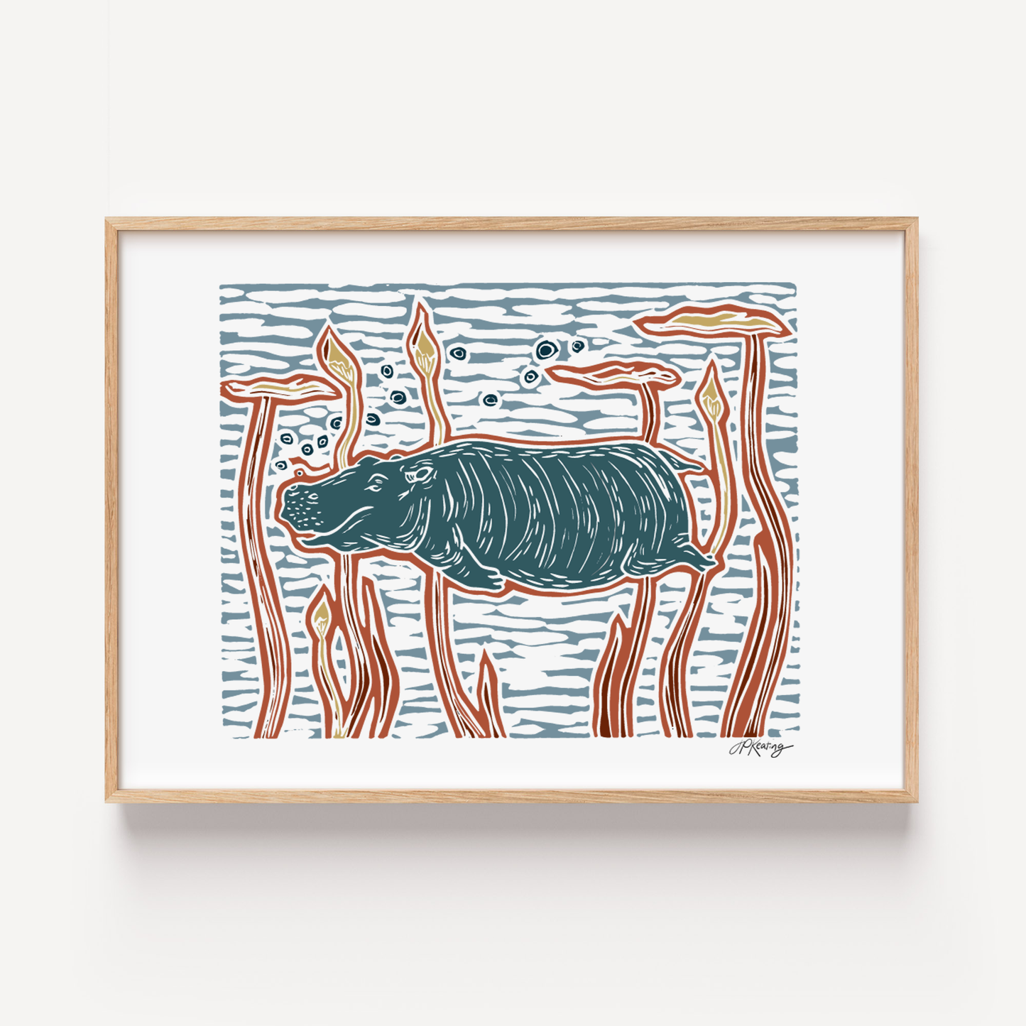 Framed artwork of a stylized hippo among reeds on a white background