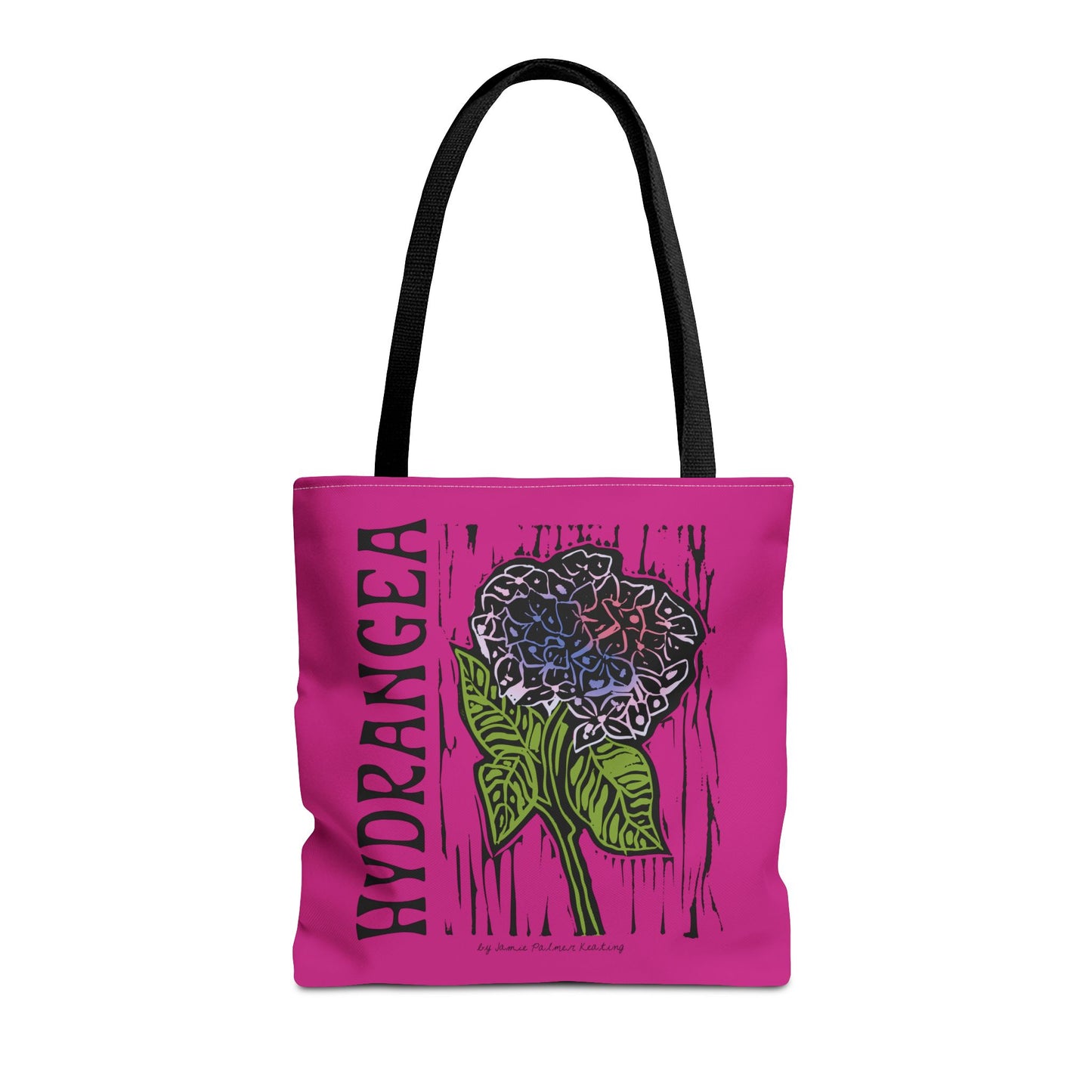 Pink tote bag with hydrangea design and text on a white background