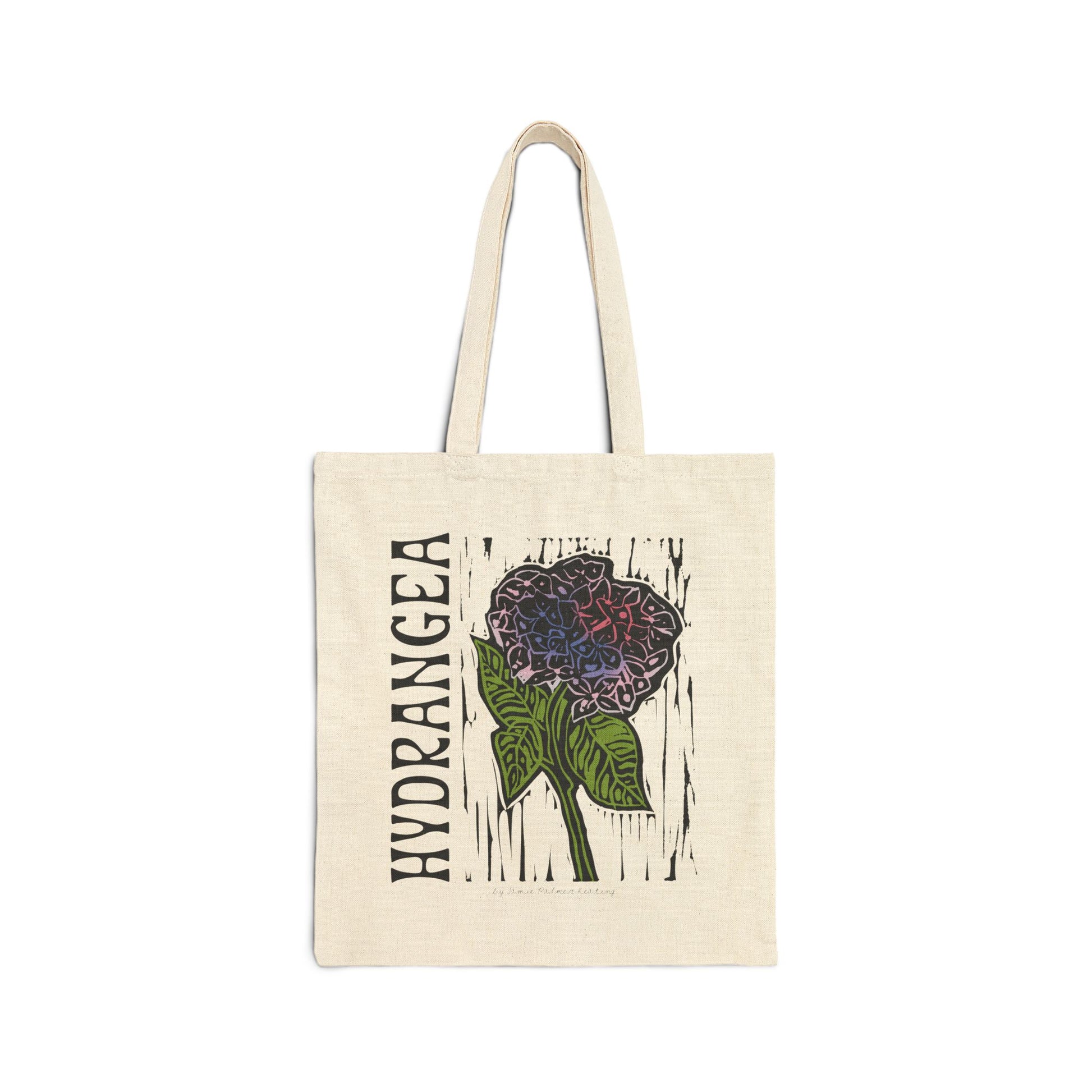 Tote bag with hydrangea design and text on a white background