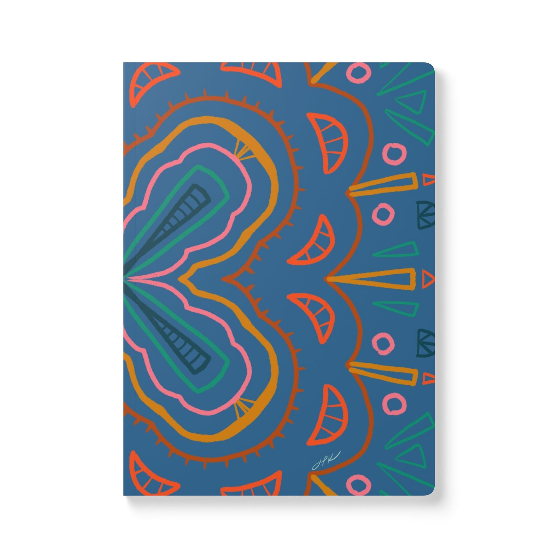 Mandala designs in gold, red, pink and green on a cornflower blue background.