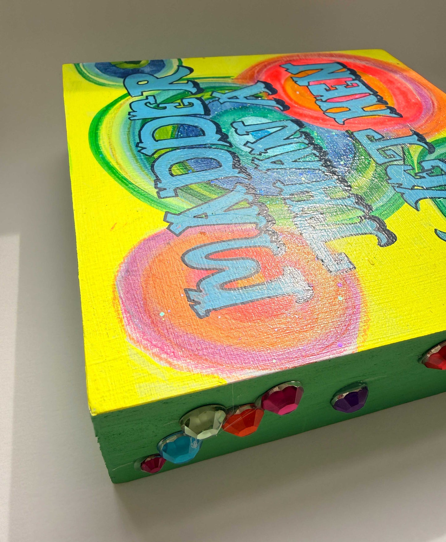 Colorful box with 'Happy Birthday' text on a white background