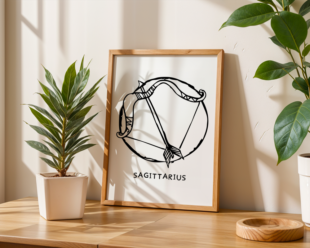 An illustration of the SAGITTARIUS Zodiac sign as a bow and arrow, printed on paper with the word ‘SAGITTARIUS’ at the bottom.