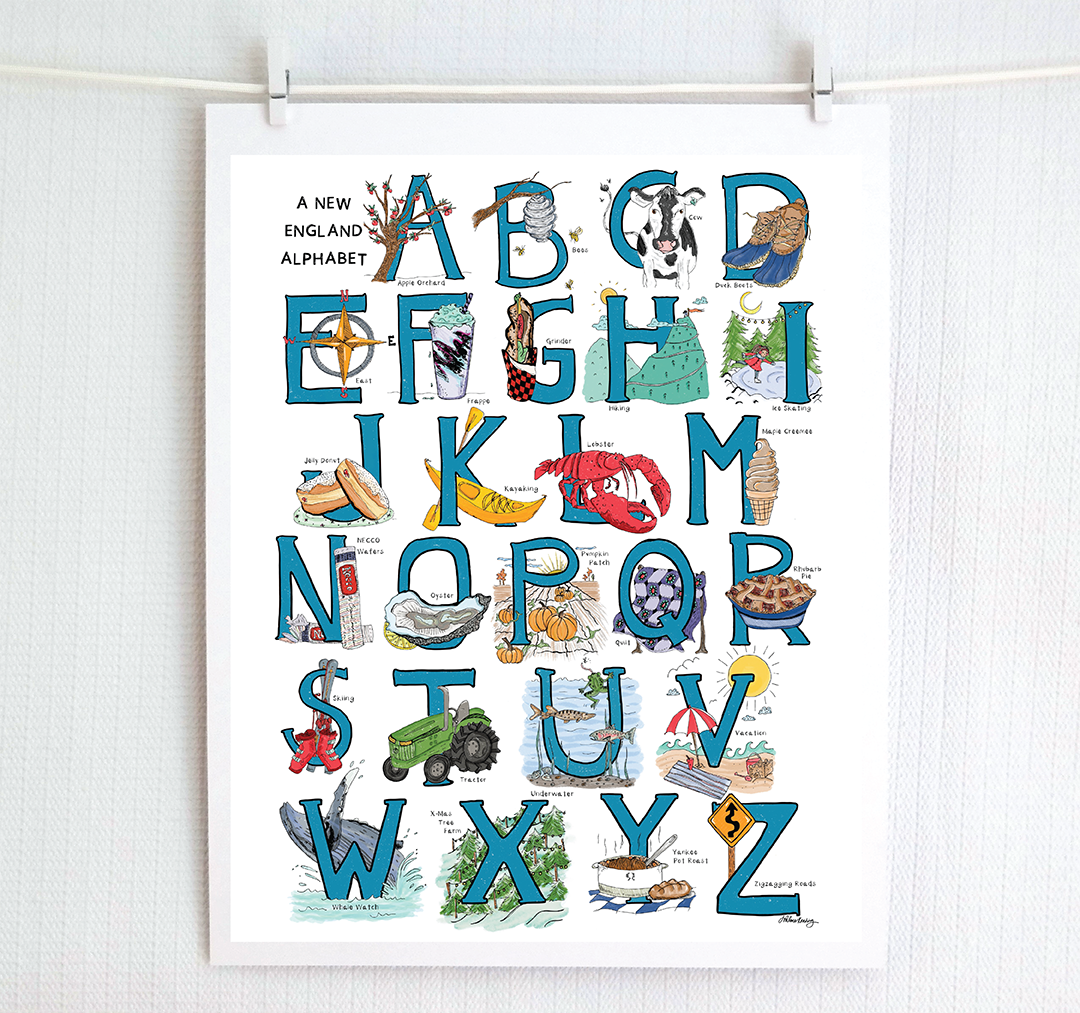 Illustrated alphabet print featuring various iconic regional items to New England such as frappes, lobster, and oysters, designed on a white background.