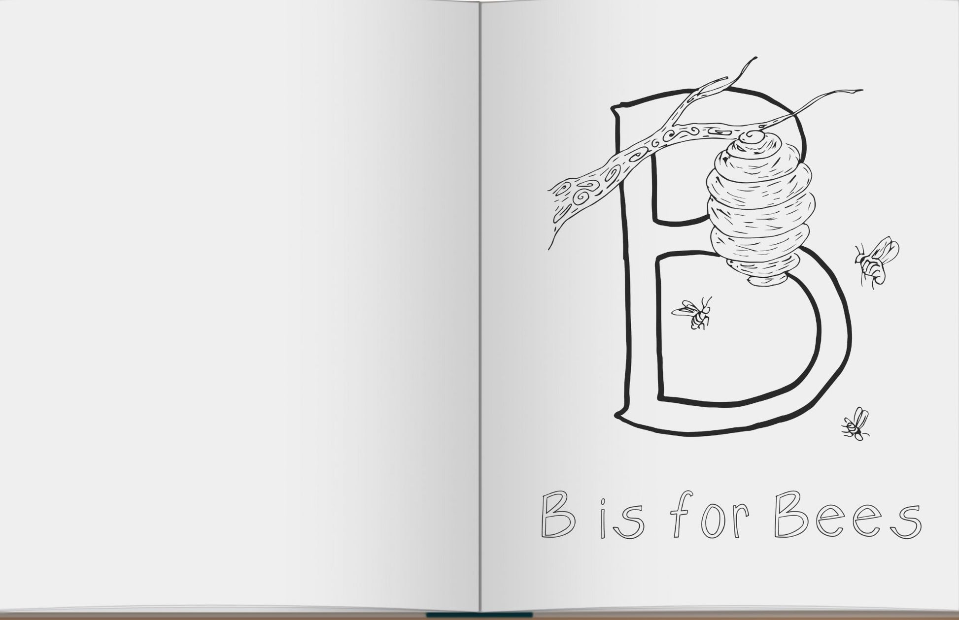 Open book with a black and white illustration of the letter 'B' shaped like a beehive, with bees around it.