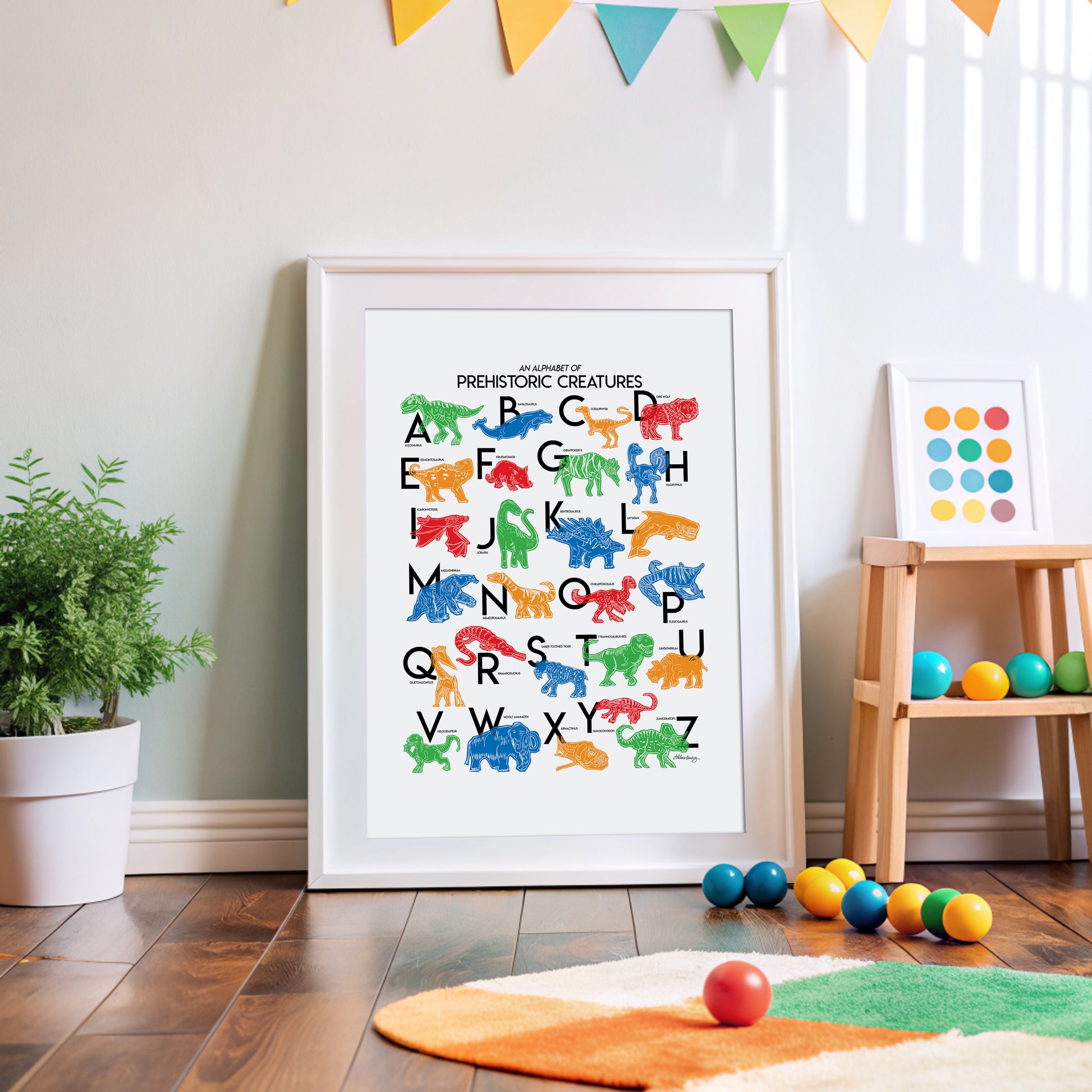 Colorful illustrated prehistoric creatures for every letter of the alphabet printed on a white background. Modern, slim text in black. Color palette is red, green blue, red and orange.
