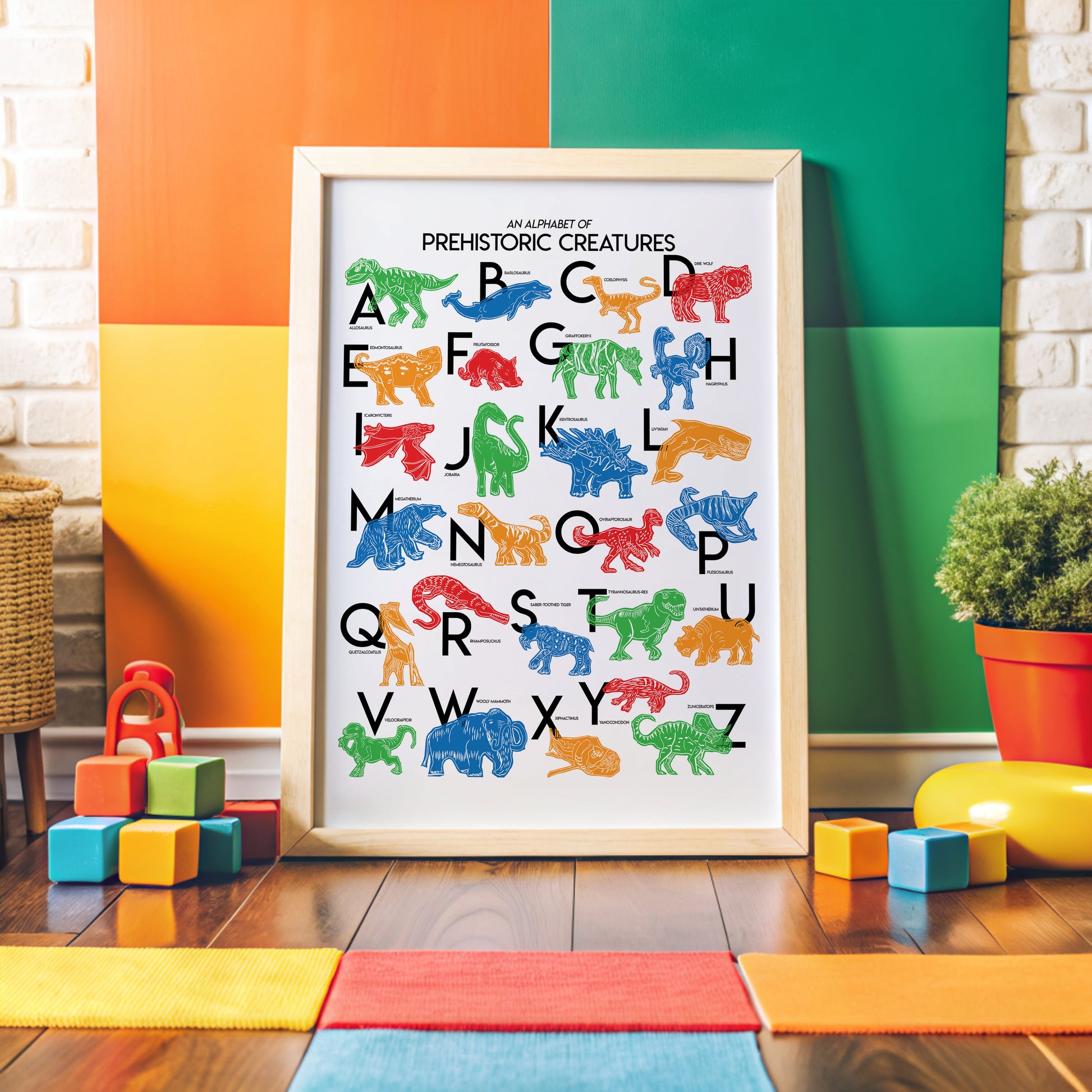 Colorful illustrated prehistoric creatures for every letter of the alphabet printed on a white background. Modern, slim text in black. Color palette is red, green blue, red and orange.
