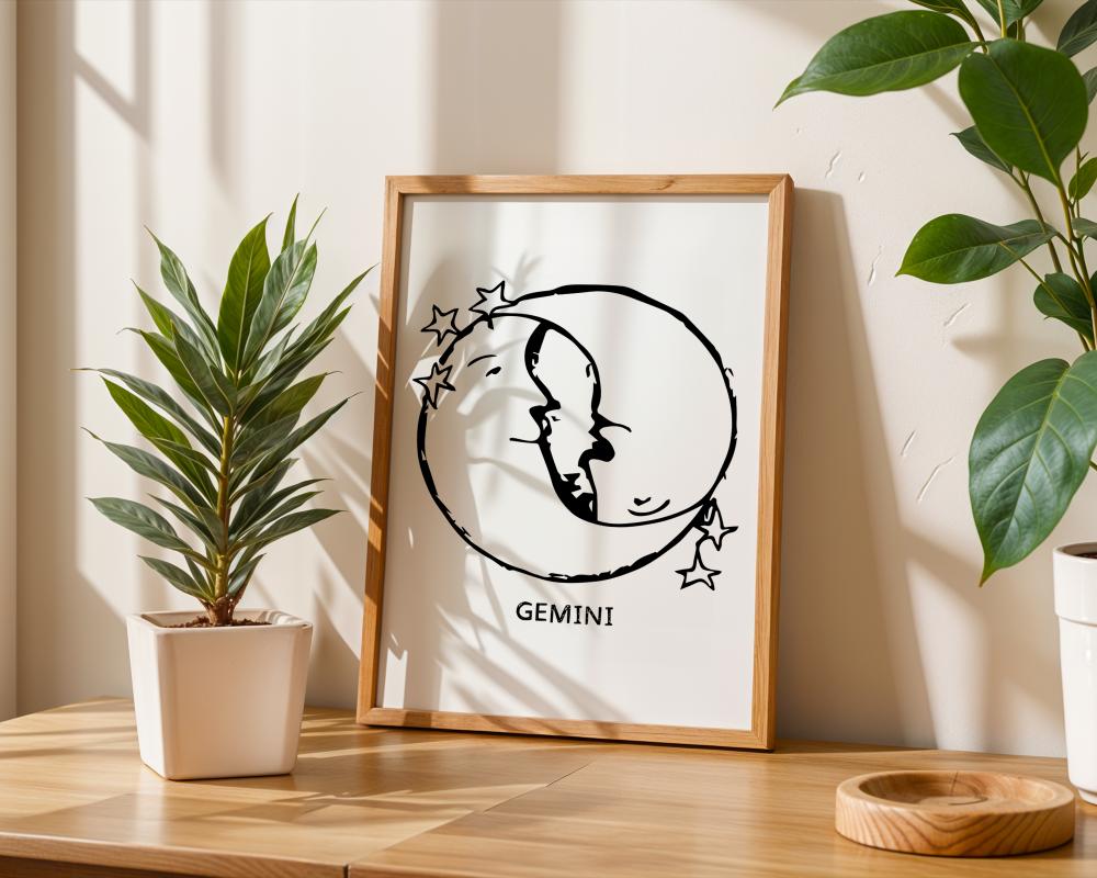 An illustration of the GEMINI Zodiac sign as crescent moons, printed on paper with the word 'GEMINI’ at the bottom.