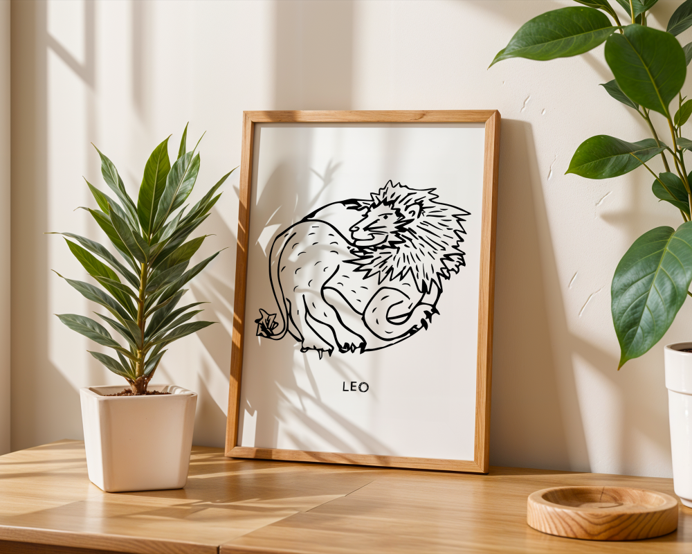 An illustration of the LEO Zodiac sign as a lion, printed on paper with the word ‘LEO’ at the bottom.