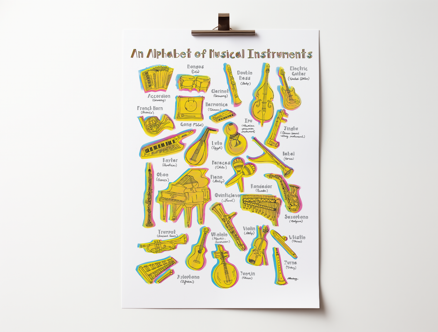 Musical instruments illustrated in risograph colors