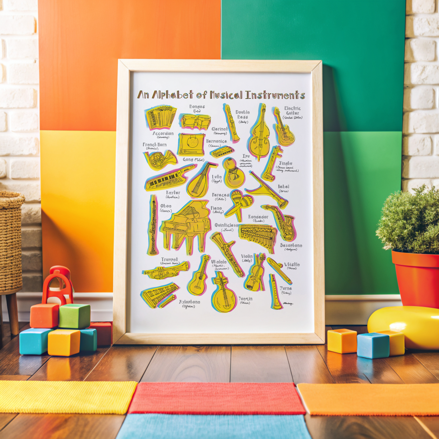 Musical instruments illustrated in an alphabet framed on a playroom floor.