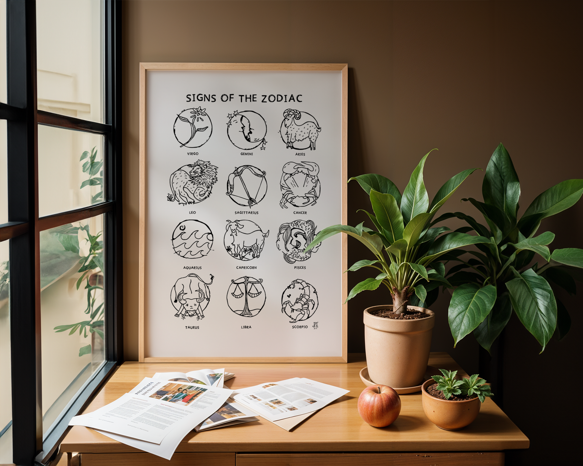 A printed illustration of the signs of the zodiac, with each sign depicted within a circle and labeled with their respective names. Framed on a desk in an office.