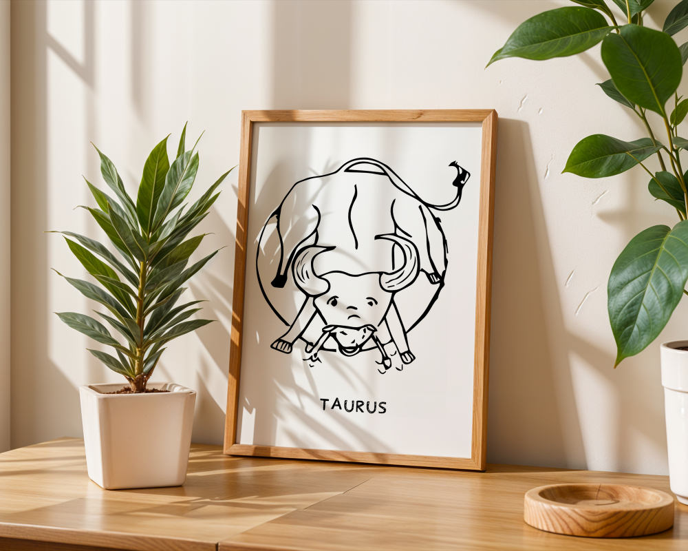 An illustration of the TAURUS Zodiac sign as a bull, printed on paper with the word ‘TAURUS’ at the bottom.