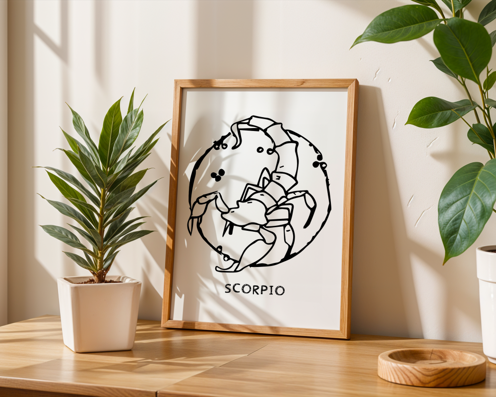 An illustration of the SCORPIO Zodiac sign as a scorpion, printed on paper with the word ‘SCORPIO’ at the bottom.