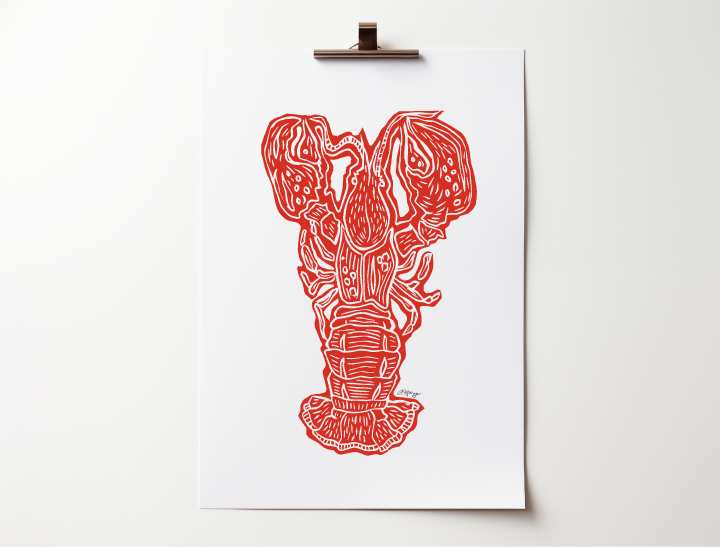 Lobster Linoblock Print: Handcrafted New England Art