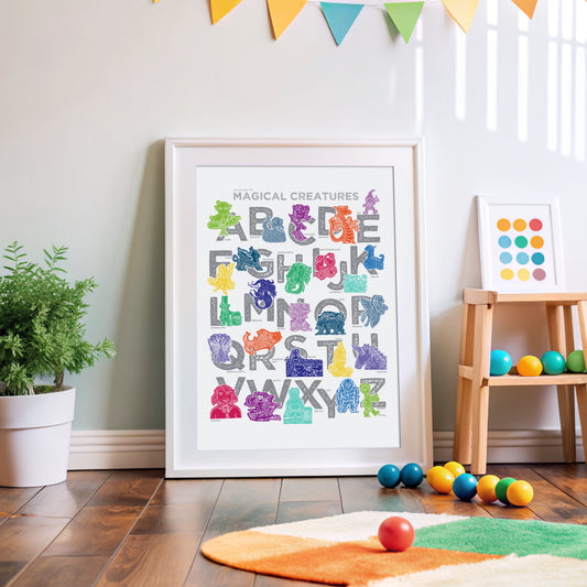 Colorful illustrated magical creatures for every letter of the alphabet printed on a white background. Chunky illustrated letters in gray sit behind each character. Colors are jewel-toned and include pinks and purples, blues and greens, yellows and reds.
