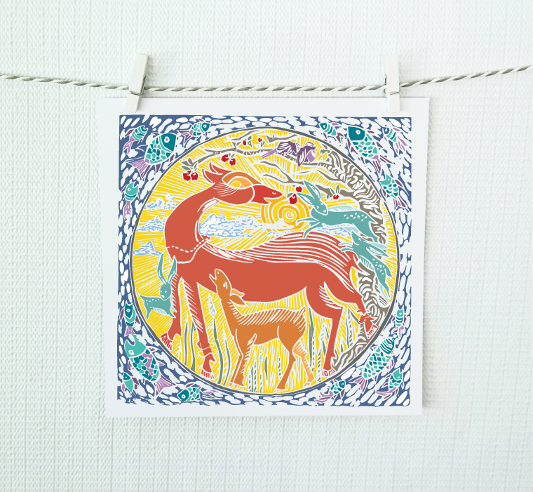 A colorful illustrated art print depicting a mother deer with her fawn, displayed on a white background.
