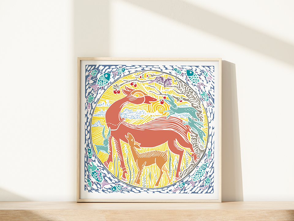 Framed artwork of a deer and its offspring with colorful patterns on a white wall.