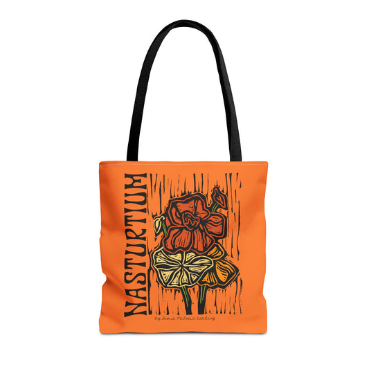 Orange tote bag with floral design and 'Nasturtium' text 