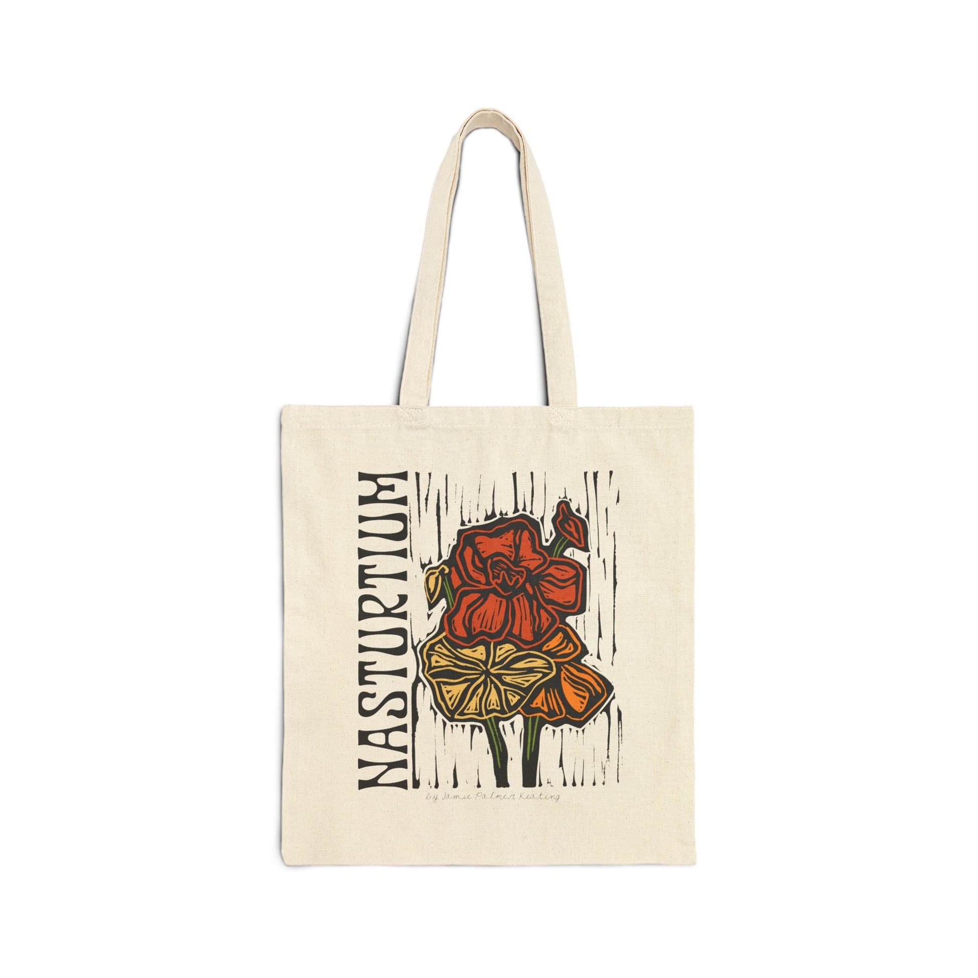 Tote bag with floral design and text on a white background