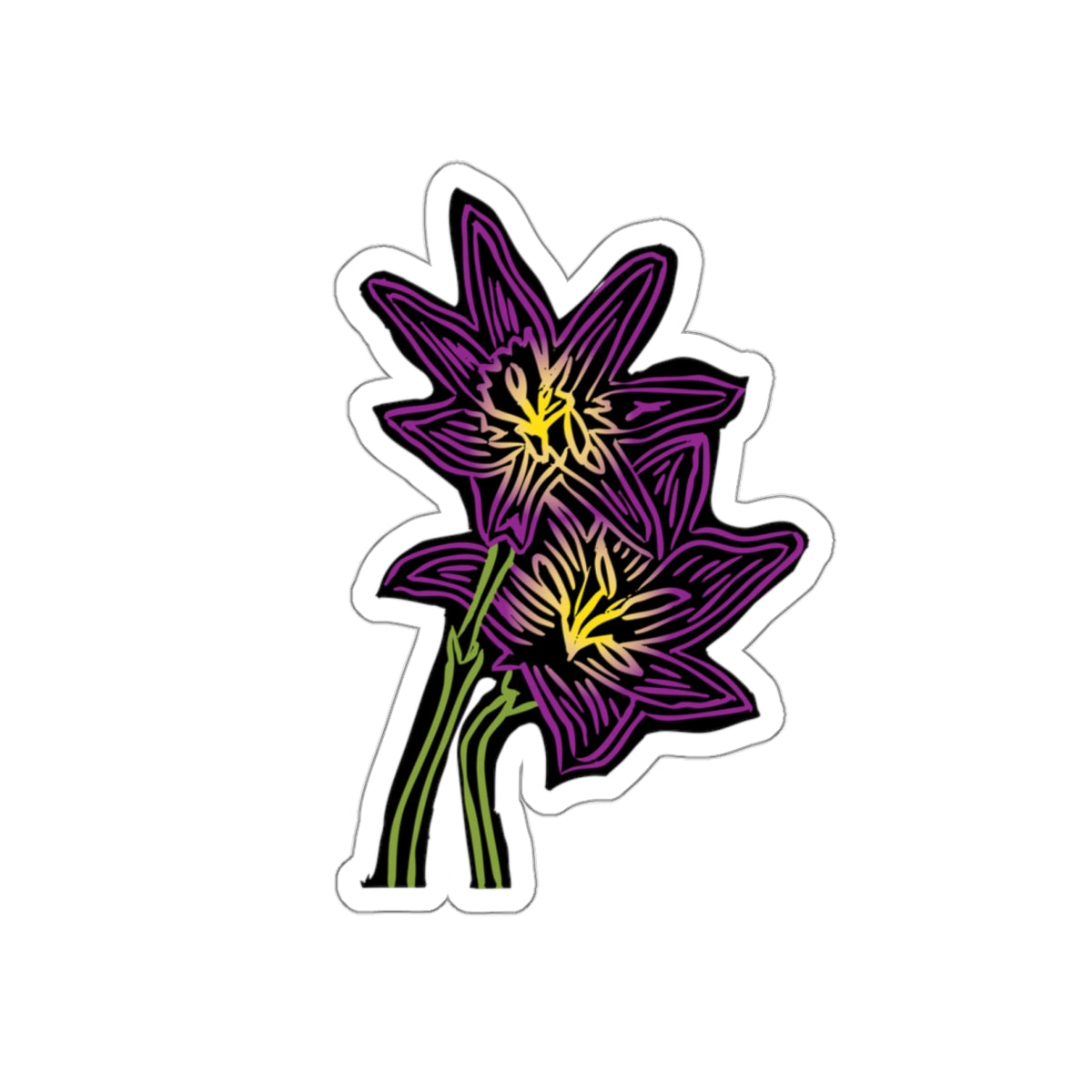 Sticker of a purple flower with yellow center on a white background