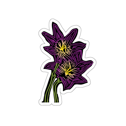 Sticker of a purple flower with yellow center on a white background