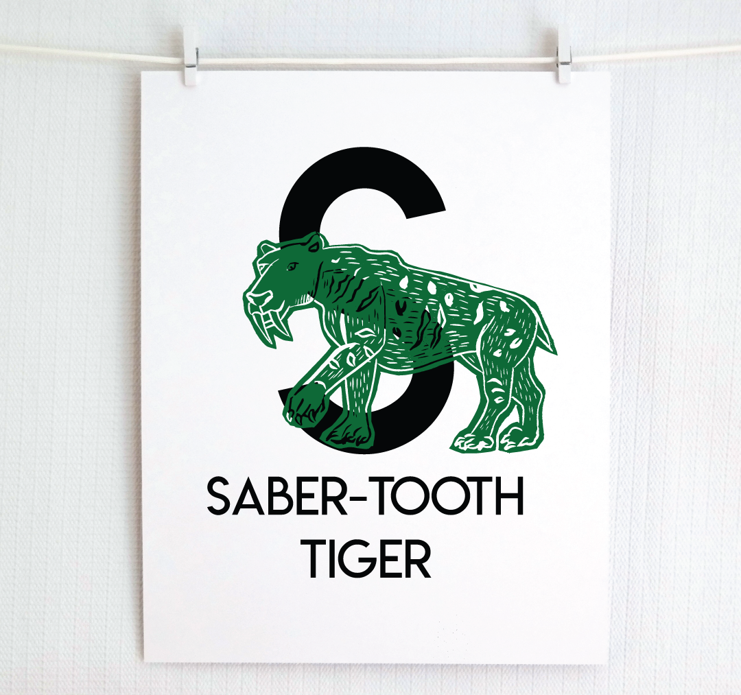 S is for Saber-Tooth Tiger Illustrated Print