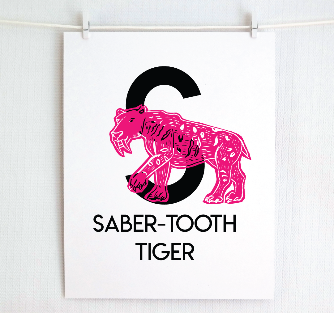 S is for Saber-Tooth Tiger Illustrated Print