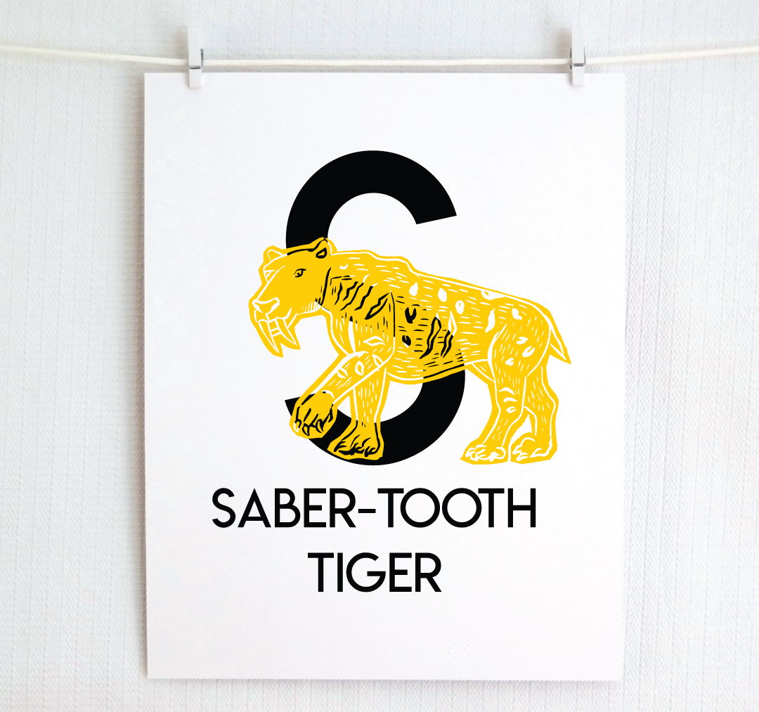 S is for Saber-Tooth Tiger Illustrated Print
