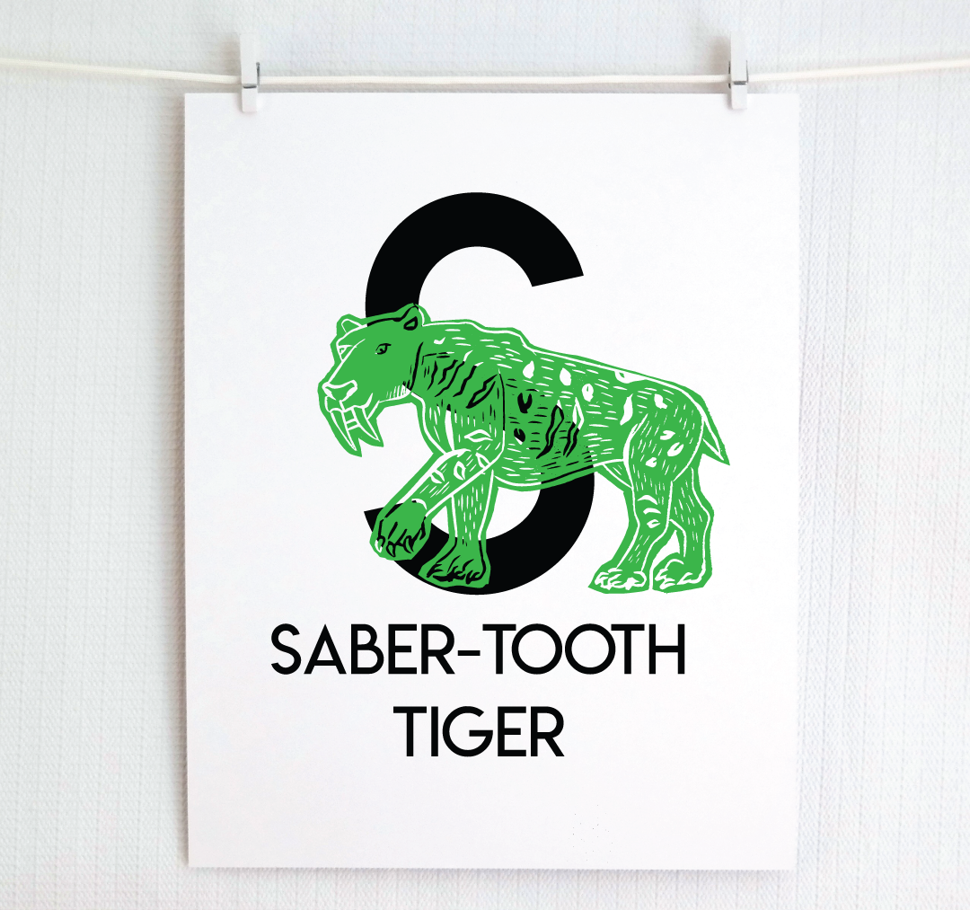 S is for Saber-Tooth Tiger Illustrated Print