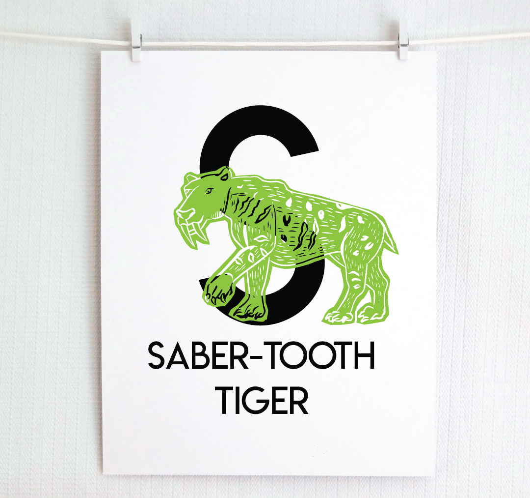S is for Saber-Tooth Tiger Illustrated Print
